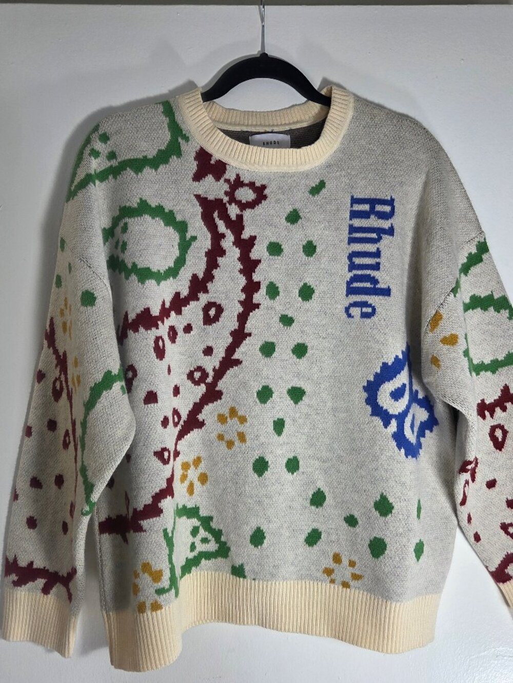 NWT RHUDE Creme & Multicolored Merino Wool Bandana Crewneck Size Small